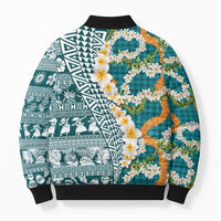 Hawaiian Plumeria Lei Bomber Puffer Jacket Kakau Motifs and Palaka Half Style Turquoise Color - Polynesian Pride