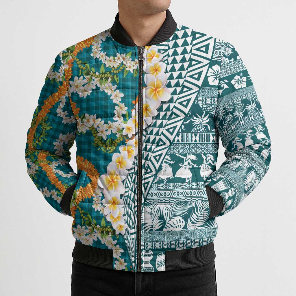 Hawaiian Plumeria Lei Bomber Puffer Jacket Kakau Motifs and Palaka Half Style Turquoise Color - Polynesian Pride