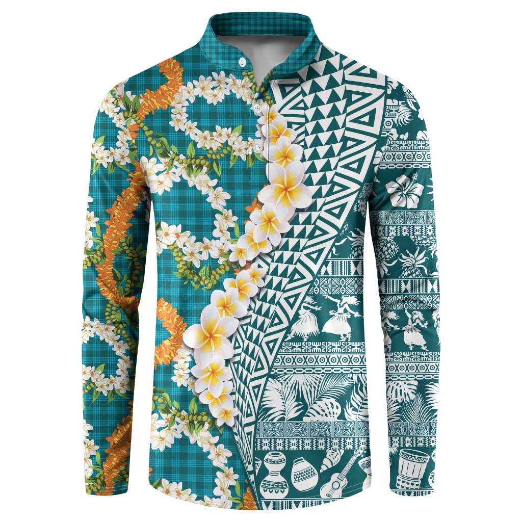 Hawaiian Plumeria Lei Button Sweatshirt Kakau Motifs and Palaka Half Style Turquoise Color - Polynesian Pride