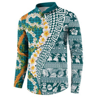 Hawaiian Plumeria Lei Button Sweatshirt Kakau Motifs and Palaka Half Style Turquoise Color - Polynesian Pride