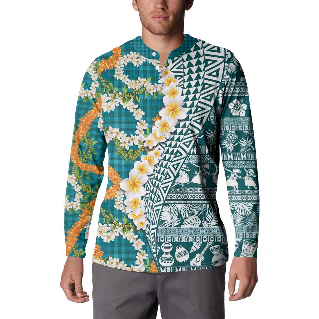 Hawaiian Plumeria Lei Button Sweatshirt Kakau Motifs and Palaka Half Style Turquoise Color - Polynesian Pride