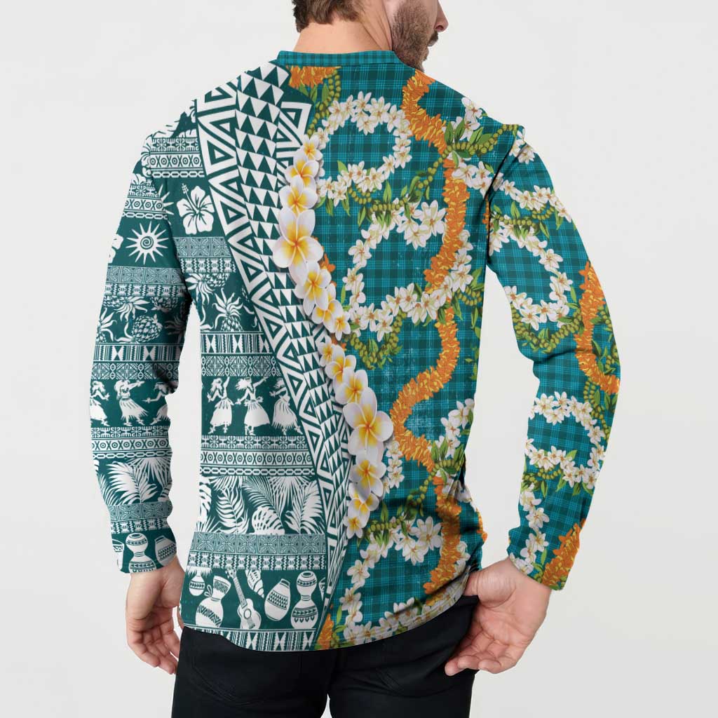 Hawaiian Plumeria Lei Button Sweatshirt Kakau Motifs and Palaka Half Style Turquoise Color - Polynesian Pride