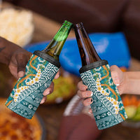 Hawaiian Plumeria Lei 4 in 1 Can Cooler Tumbler Kakau Motifs and Palaka Half Style Turquoise Color - Polynesian Pride