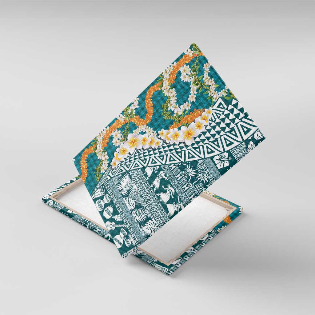 Hawaiian Plumeria Lei Canvas Wall Art Kakau Motifs and Palaka Half Style Turquoise Color - Polynesian Pride