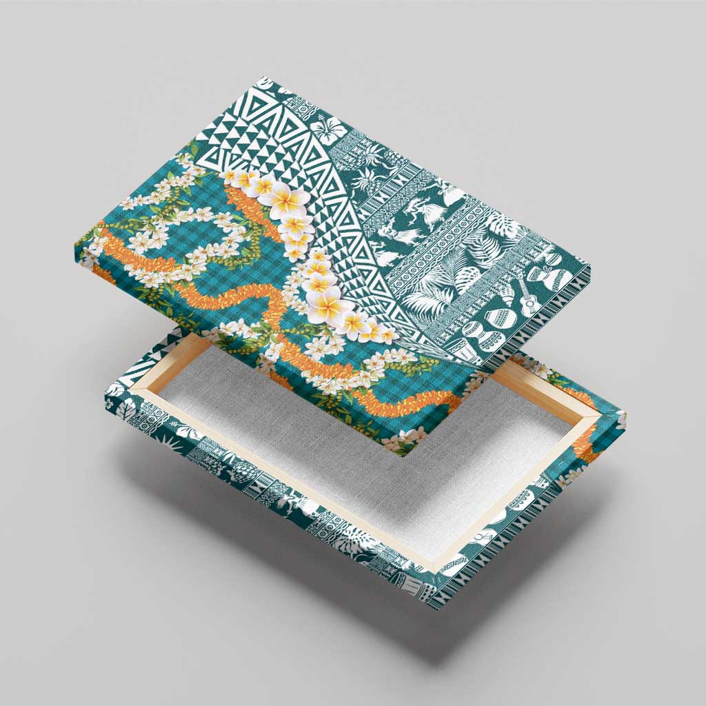 Hawaiian Plumeria Lei Canvas Wall Art Kakau Motifs and Palaka Half Style Turquoise Color - Polynesian Pride