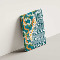 Hawaiian Plumeria Lei Canvas Wall Art Kakau Motifs and Palaka Half Style Turquoise Color - Polynesian Pride
