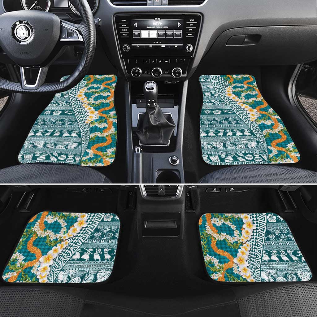 Hawaiian Plumeria Lei Car Mats Kakau Motifs and Palaka Half Style Turquoise Color - Polynesian Pride
