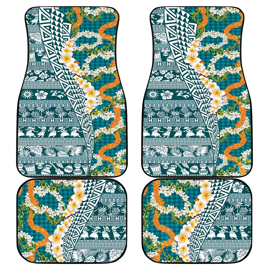 Hawaiian Plumeria Lei Car Mats Kakau Motifs and Palaka Half Style Turquoise Color - Polynesian Pride