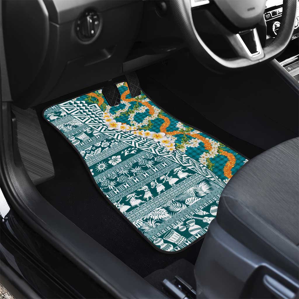 Hawaiian Plumeria Lei Car Mats Kakau Motifs and Palaka Half Style Turquoise Color - Polynesian Pride