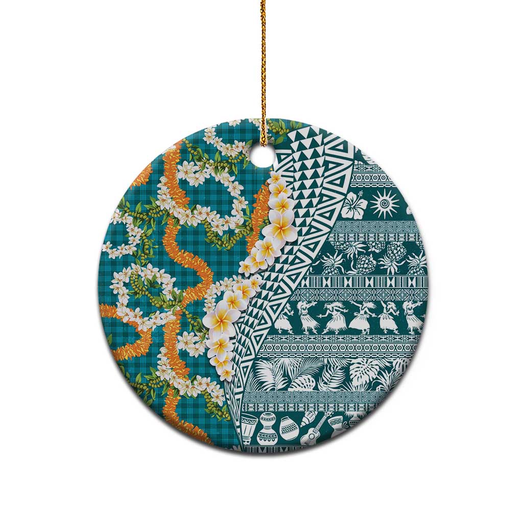 Hawaiian Plumeria Lei Ceramic Ornament Kakau Motifs and Palaka Half Style Turquoise Color - Polynesian Pride