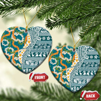 Hawaiian Plumeria Lei Ceramic Ornament Kakau Motifs and Palaka Half Style Turquoise Color - Polynesian Pride