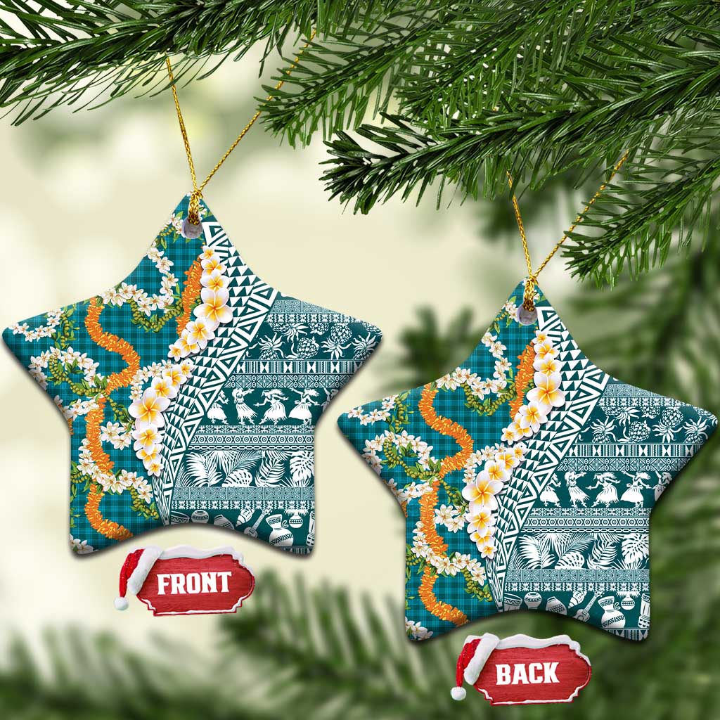 Hawaiian Plumeria Lei Ceramic Ornament Kakau Motifs and Palaka Half Style Turquoise Color - Polynesian Pride