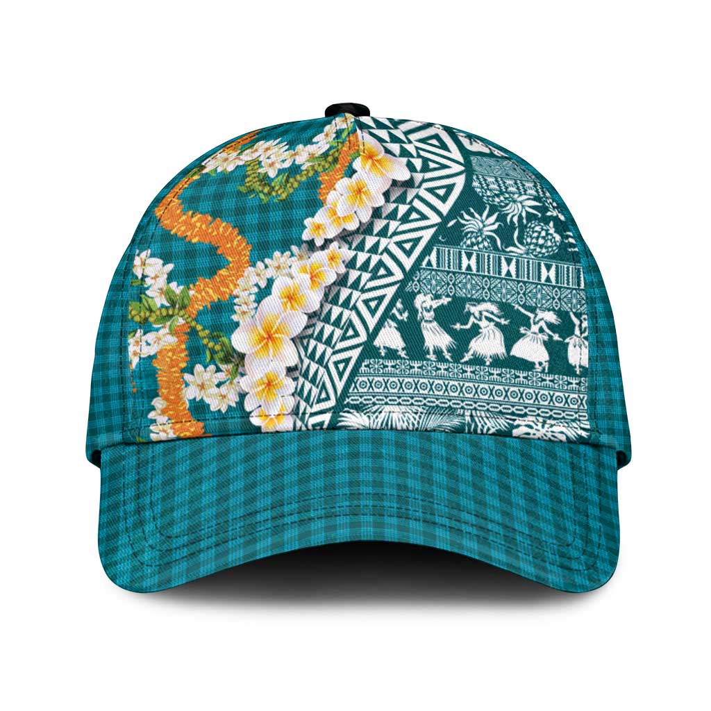 Hawaiian Plumeria Lei Classic Cap Kakau Motifs and Palaka Half Style Turquoise Color - Polynesian Pride