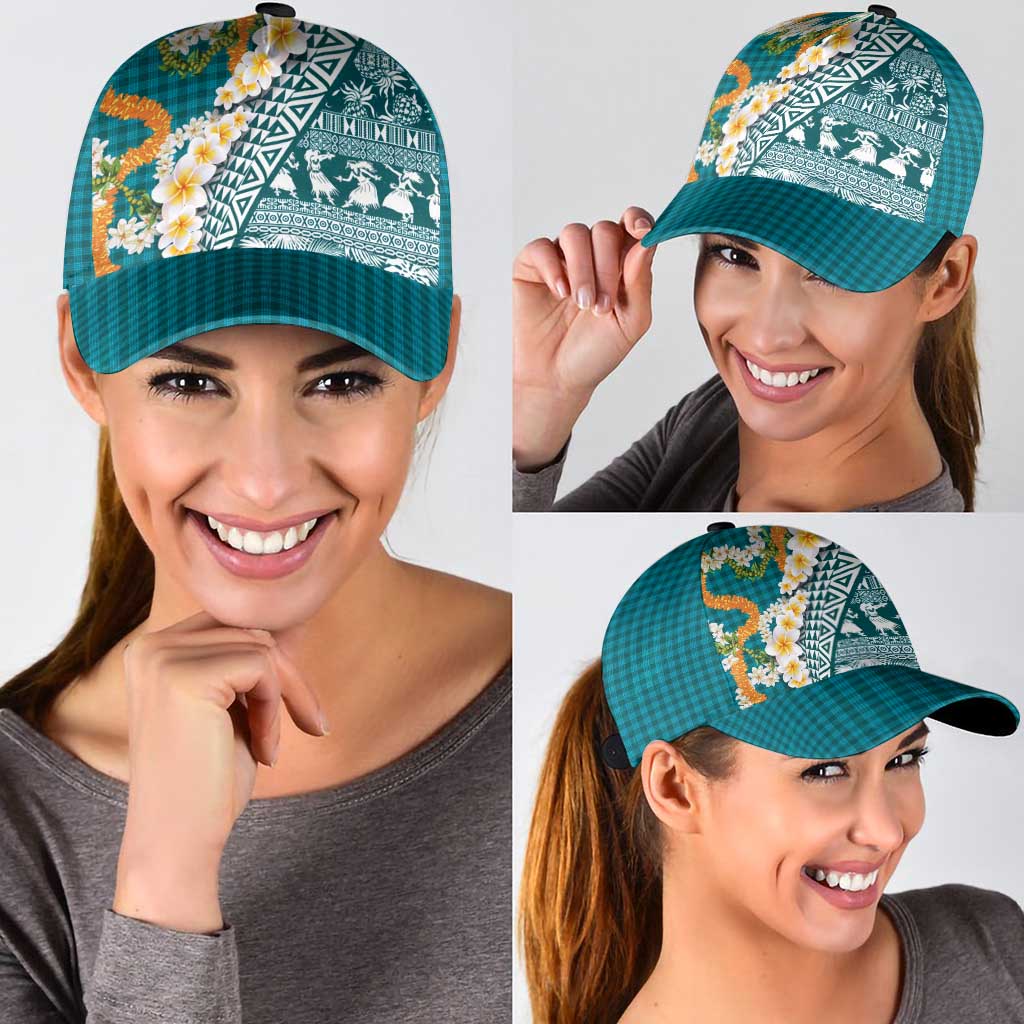 Hawaiian Plumeria Lei Classic Cap Kakau Motifs and Palaka Half Style Turquoise Color - Polynesian Pride