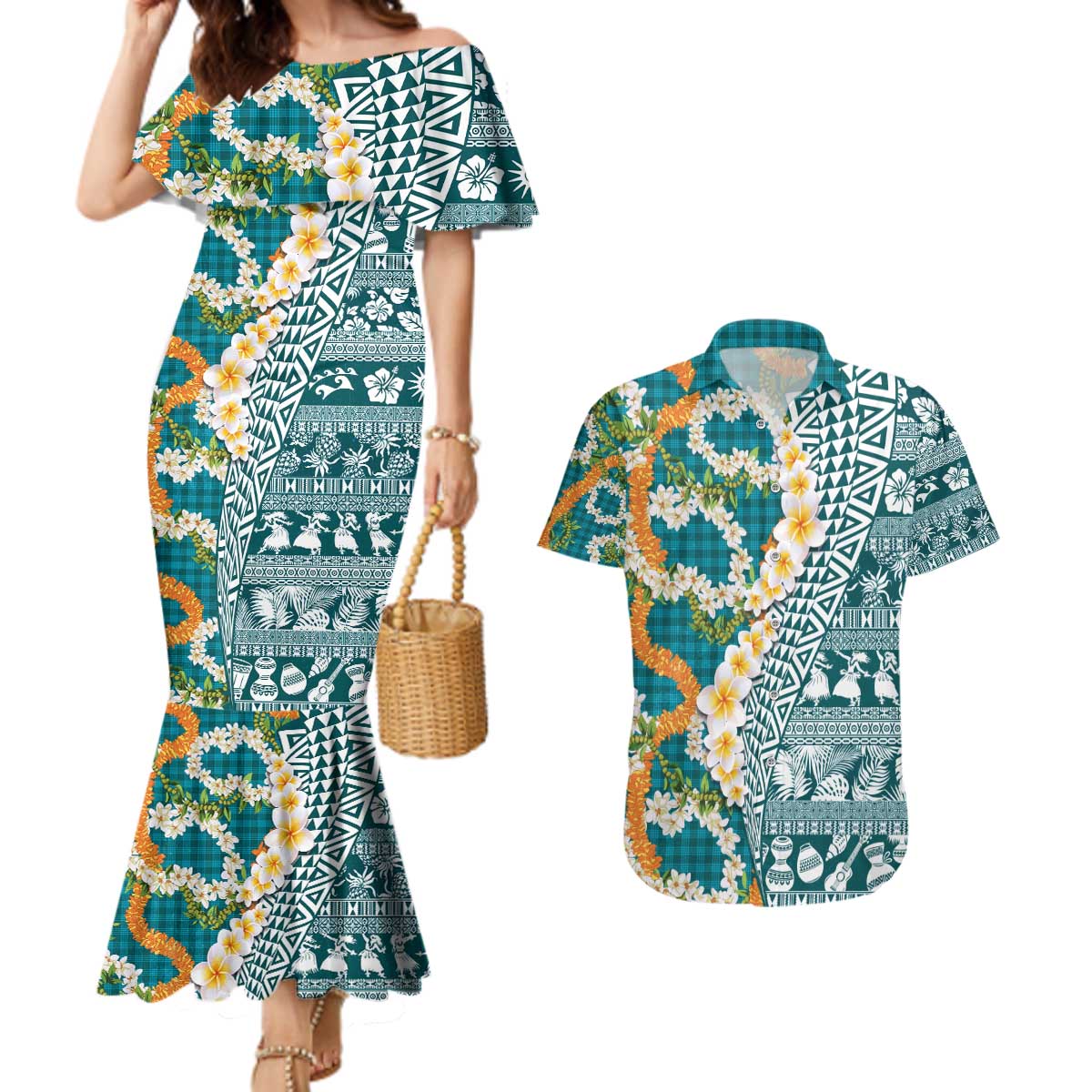 Hawaiian Plumeria Lei Couples Matching Mermaid Dress and Hawaiian Shirt Kakau Motifs and Palaka Half Style Turquoise Color - Polynesian Pride