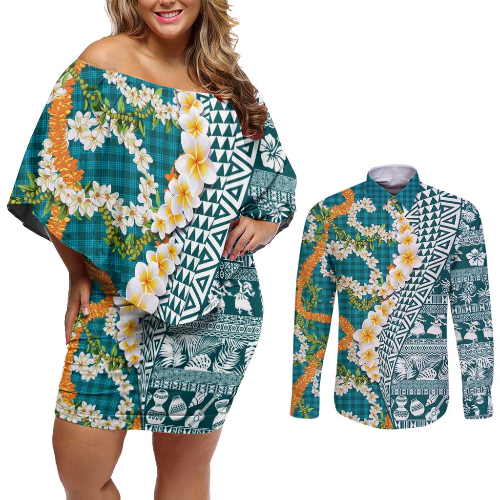 Hawaiian Plumeria Lei Couples Matching Off Shoulder Short Dress and Long Sleeve Button Shirt Kakau Motifs and Palaka Half Style Turquoise Color - Polynesian Pride