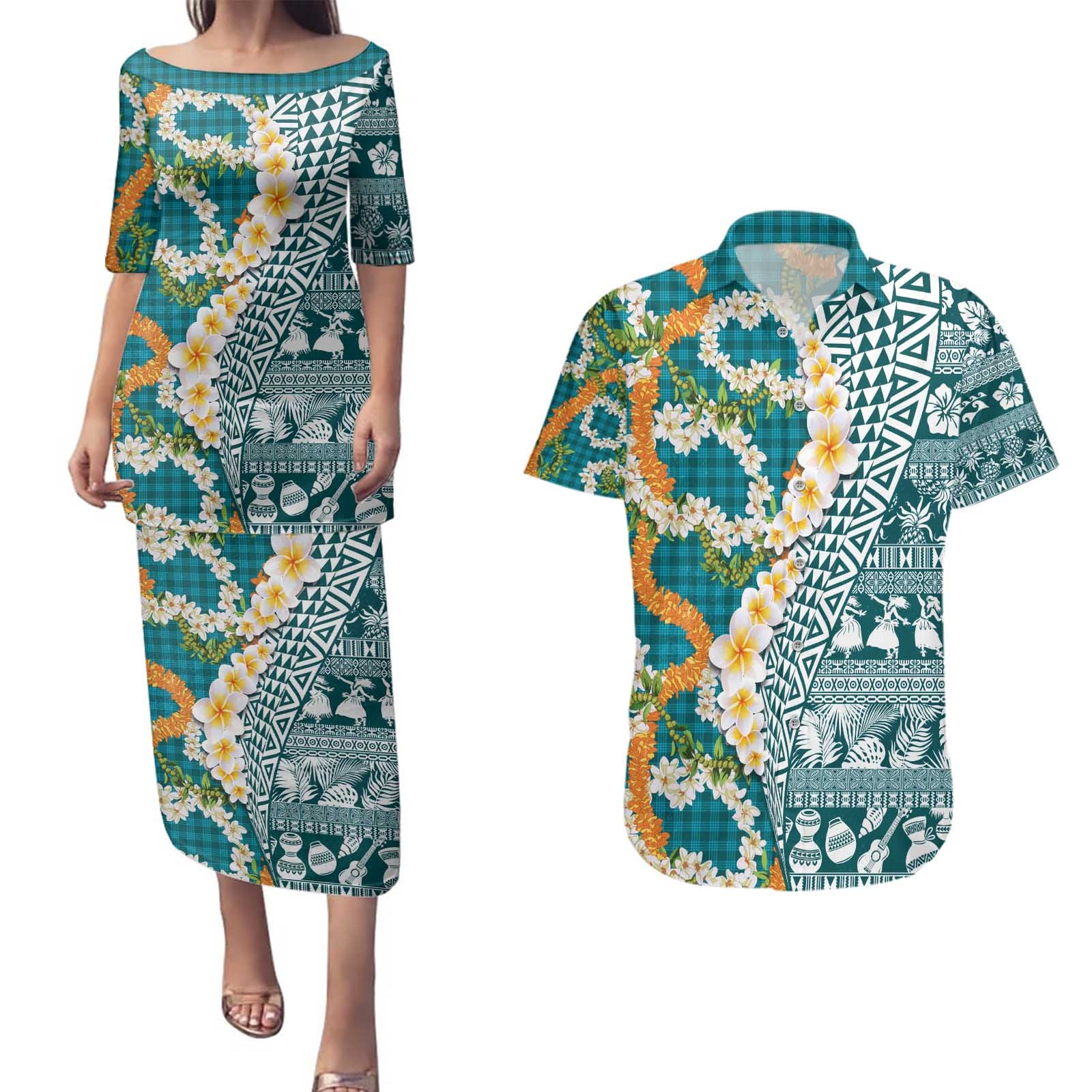 Hawaiian Plumeria Lei Couples Matching Puletasi and Hawaiian Shirt Kakau Motifs and Palaka Half Style Turquoise Color - Polynesian Pride