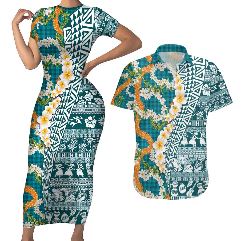 Hawaiian Plumeria Lei Couples Matching Short Sleeve Bodycon Dress and Hawaiian Shirt Kakau Motifs and Palaka Half Style Turquoise Color - Polynesian Pride