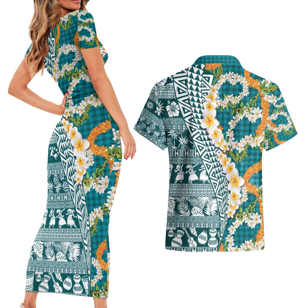 Hawaiian Plumeria Lei Couples Matching Short Sleeve Bodycon Dress and Hawaiian Shirt Kakau Motifs and Palaka Half Style Turquoise Color - Polynesian Pride