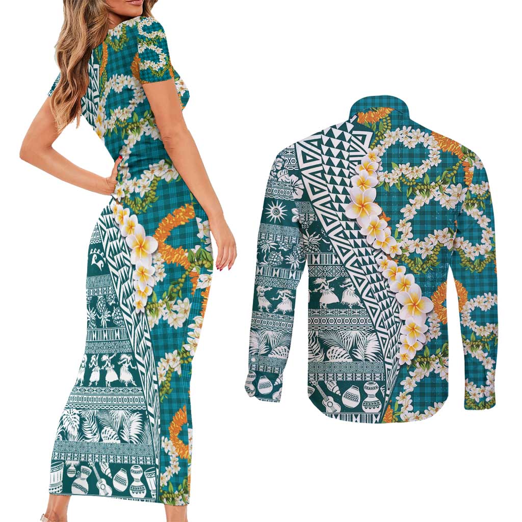 Hawaiian Plumeria Lei Couples Matching Short Sleeve Bodycon Dress and Long Sleeve Button Shirt Kakau Motifs and Palaka Half Style Turquoise Color - Polynesian Pride