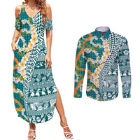 Hawaiian Plumeria Lei Couples Matching Summer Maxi Dress and Long Sleeve Button Shirt Kakau Motifs and Palaka Half Style Turquoise Color - Polynesian Pride