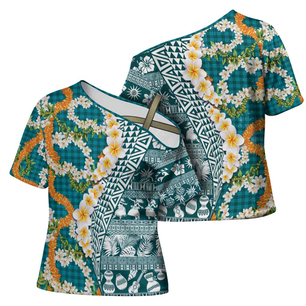 Hawaiian Plumeria Lei Cross Shoulder Shirt Kakau Motifs and Palaka Half Style Turquoise Color - Polynesian Pride