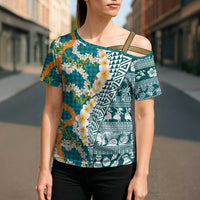 Hawaiian Plumeria Lei Cross Shoulder Shirt Kakau Motifs and Palaka Half Style Turquoise Color - Polynesian Pride