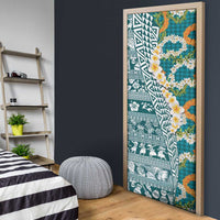Hawaiian Plumeria Lei Door Cover Kakau Motifs and Palaka Half Style Turquoise Color - Polynesian Pride