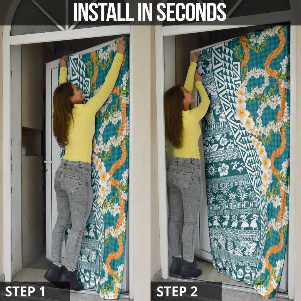 Hawaiian Plumeria Lei Door Cover Kakau Motifs and Palaka Half Style Turquoise Color - Polynesian Pride