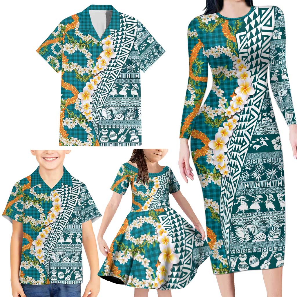 Hawaiian Plumeria Lei Family Matching Long Sleeve Bodycon Dress and Hawaiian Shirt Kakau Motifs and Palaka Half Style Turquoise Color - Polynesian Pride
