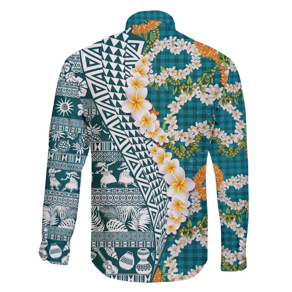 Hawaiian Plumeria Lei Family Matching Long Sleeve Bodycon Dress and Hawaiian Shirt Kakau Motifs and Palaka Half Style Turquoise Color - Polynesian Pride