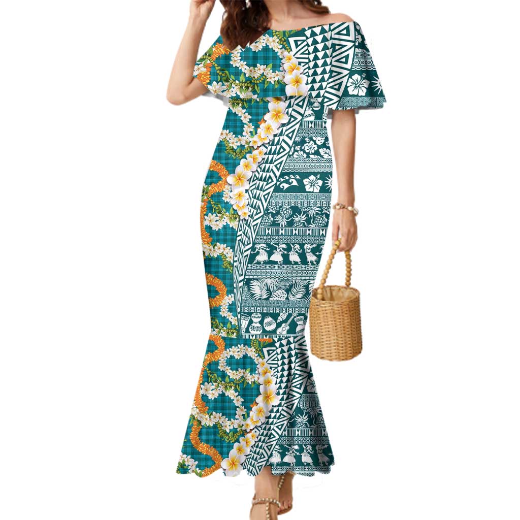 Hawaiian Plumeria Lei Family Matching Mermaid Dress and Hawaiian Shirt Kakau Motifs and Palaka Half Style Turquoise Color - Polynesian Pride