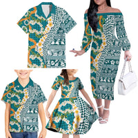 Hawaiian Plumeria Lei Family Matching Off The Shoulder Long Sleeve Dress and Hawaiian Shirt Kakau Motifs and Palaka Half Style Turquoise Color - Polynesian Pride