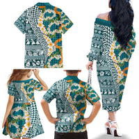 Hawaiian Plumeria Lei Family Matching Off The Shoulder Long Sleeve Dress and Hawaiian Shirt Kakau Motifs and Palaka Half Style Turquoise Color - Polynesian Pride