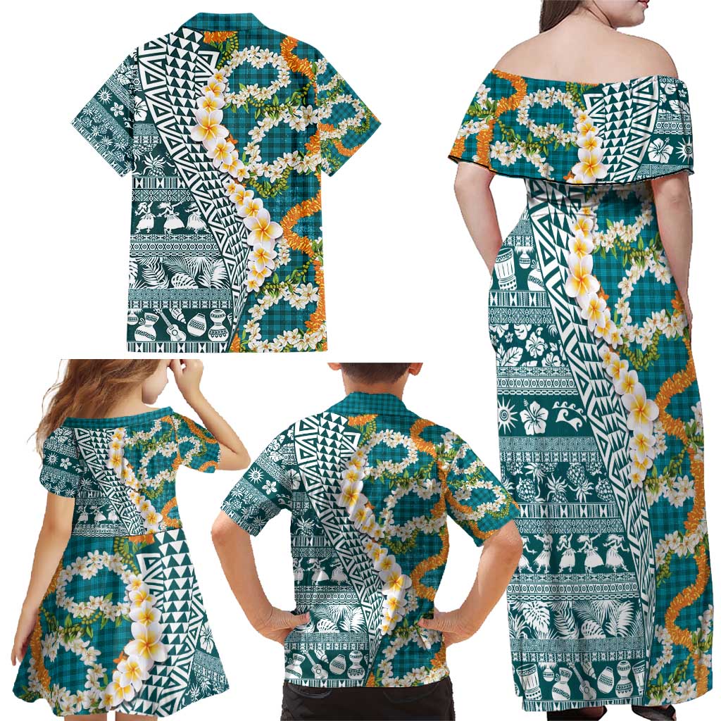Hawaiian Plumeria Lei Family Matching Off Shoulder Maxi Dress and Hawaiian Shirt Kakau Motifs and Palaka Half Style Turquoise Color - Polynesian Pride
