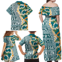 Hawaiian Plumeria Lei Family Matching Off Shoulder Maxi Dress and Hawaiian Shirt Kakau Motifs and Palaka Half Style Turquoise Color - Polynesian Pride