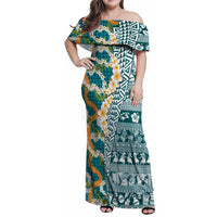 Hawaiian Plumeria Lei Family Matching Off Shoulder Maxi Dress and Hawaiian Shirt Kakau Motifs and Palaka Half Style Turquoise Color - Polynesian Pride