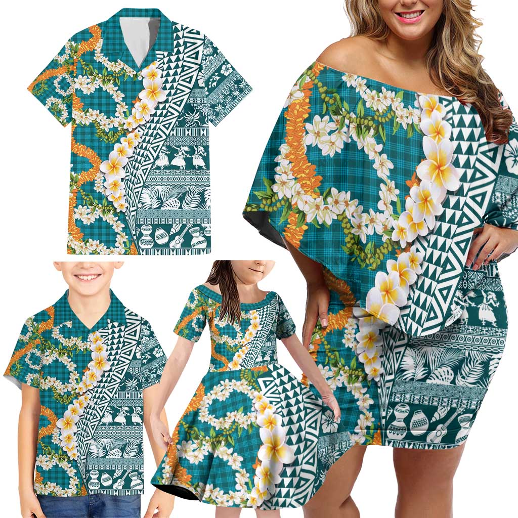 Hawaiian Plumeria Lei Family Matching Off Shoulder Short Dress and Hawaiian Shirt Kakau Motifs and Palaka Half Style Turquoise Color - Polynesian Pride
