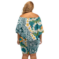 Hawaiian Plumeria Lei Family Matching Off Shoulder Short Dress and Hawaiian Shirt Kakau Motifs and Palaka Half Style Turquoise Color - Polynesian Pride