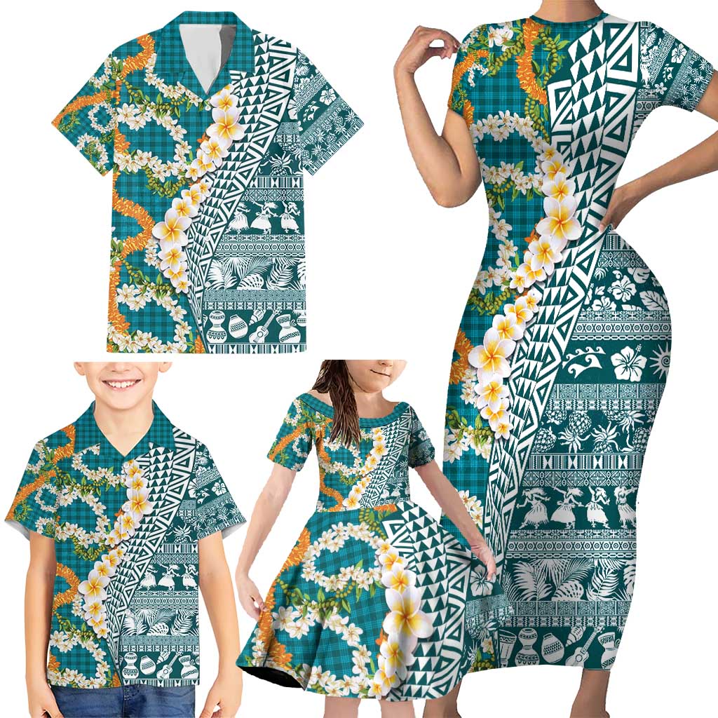 Hawaiian Plumeria Lei Family Matching Short Sleeve Bodycon Dress and Hawaiian Shirt Kakau Motifs and Palaka Half Style Turquoise Color - Polynesian Pride