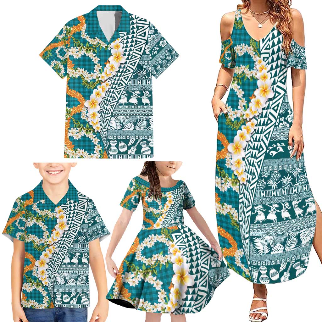 Hawaiian Plumeria Lei Family Matching Summer Maxi Dress and Hawaiian Shirt Kakau Motifs and Palaka Half Style Turquoise Color - Polynesian Pride
