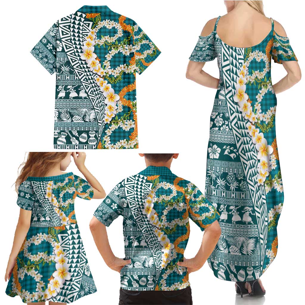 Hawaiian Plumeria Lei Family Matching Summer Maxi Dress and Hawaiian Shirt Kakau Motifs and Palaka Half Style Turquoise Color - Polynesian Pride