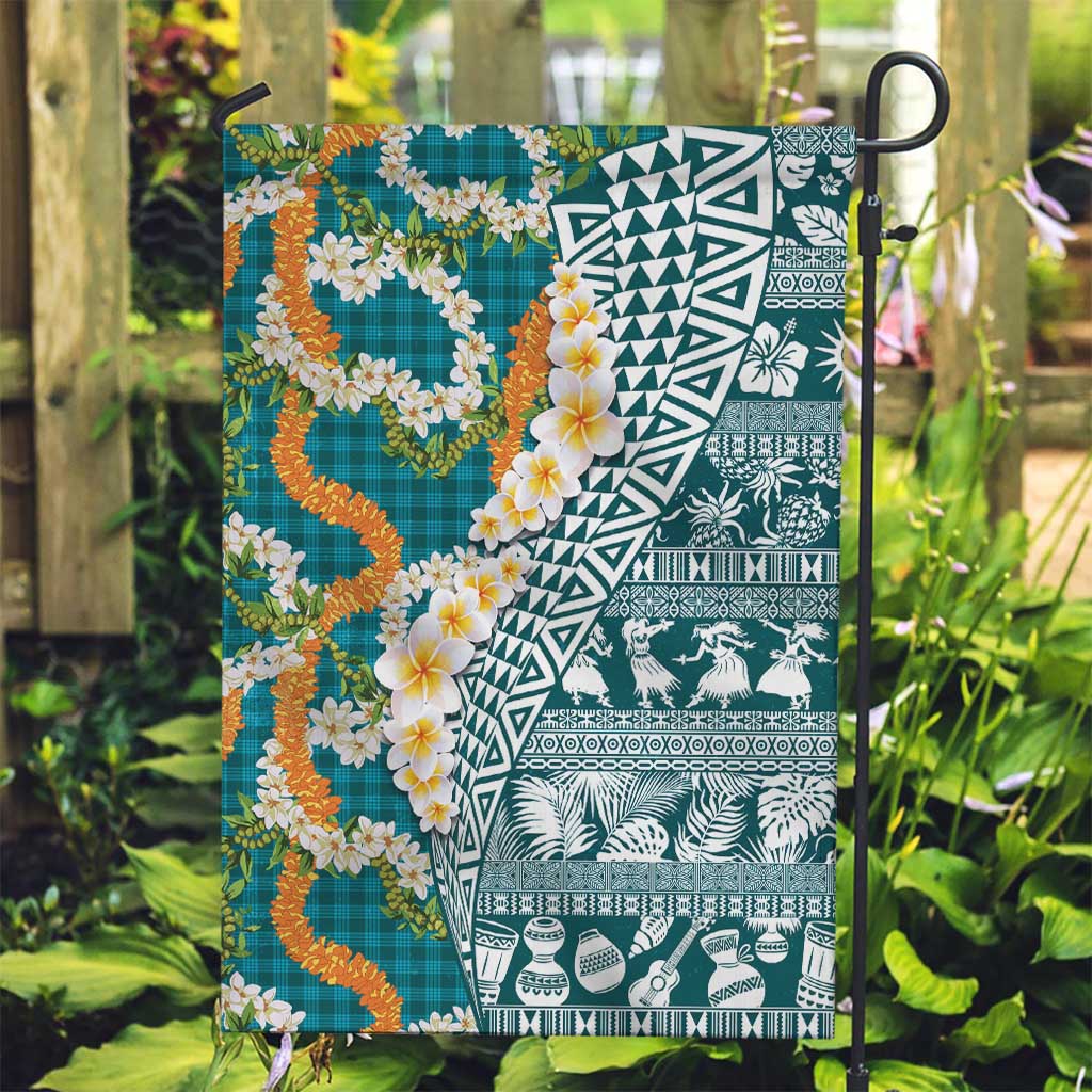 Hawaiian Plumeria Lei Garden Flag Kakau Motifs and Palaka Half Style Turquoise Color - Polynesian Pride