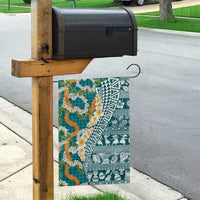 Hawaiian Plumeria Lei Garden Flag Kakau Motifs and Palaka Half Style Turquoise Color - Polynesian Pride