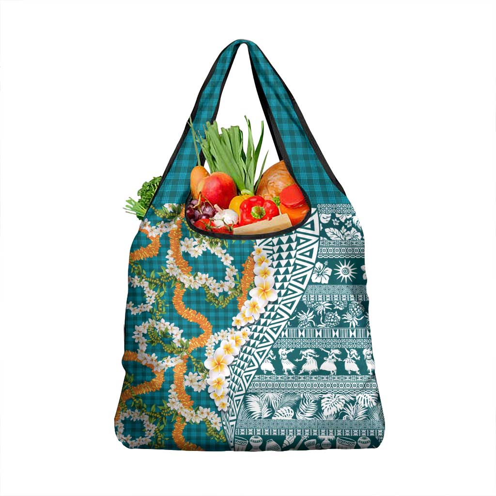 Hawaiian Plumeria Lei Grocery Bag Kakau Motifs and Palaka Half Style Turquoise Color - Polynesian Pride