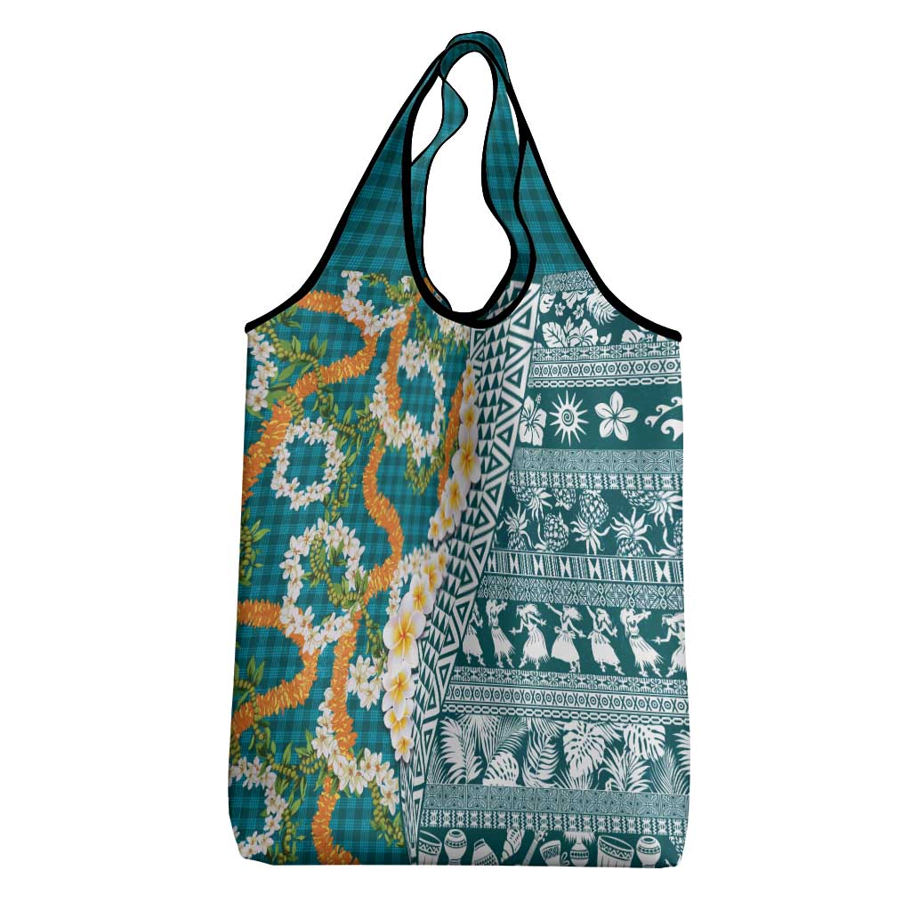 Hawaiian Plumeria Lei Grocery Bag Kakau Motifs and Palaka Half Style Turquoise Color - Polynesian Pride