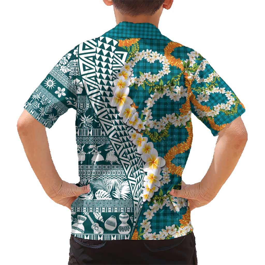 Hawaiian Plumeria Lei Hawaiian Shirt Kakau Motifs and Palaka Half Style Turquoise Color - Polynesian Pride