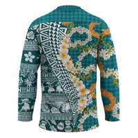 Hawaiian Plumeria Lei Hockey Jersey Kakau Motifs and Palaka Half Style Turquoise Color - Polynesian Pride