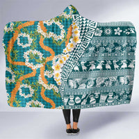 Hawaiian Plumeria Lei Hooded Blanket Kakau Motifs and Palaka Half Style Turquoise Color - Polynesian Pride