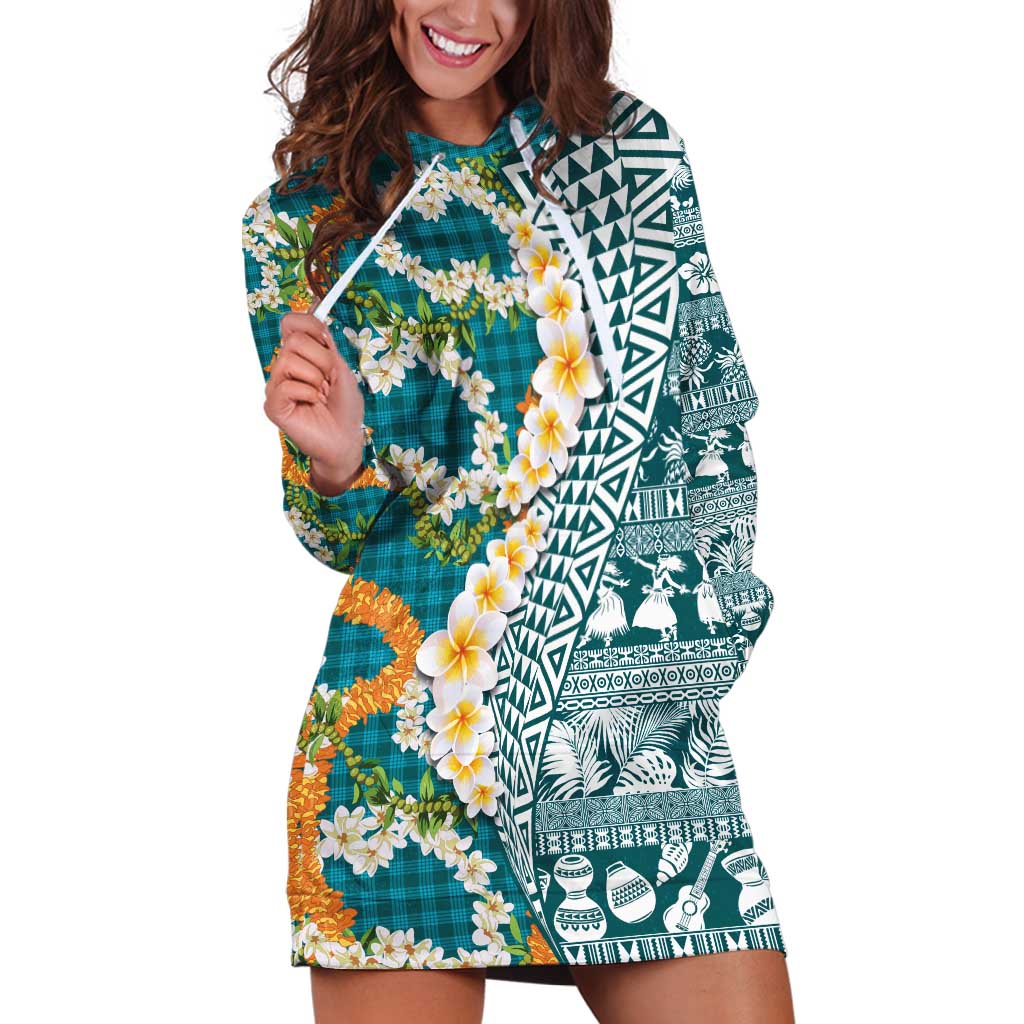 Hawaiian Plumeria Lei Hoodie Dress Kakau Motifs and Palaka Half Style Turquoise Color - Polynesian Pride